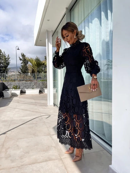 Lace Summer Dress with Puff Sleeves and High Neck - view 2