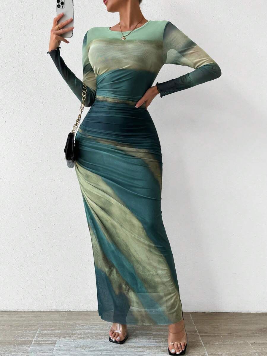 Comfy Printed Long Sleeve Round Neck Maxi Dress