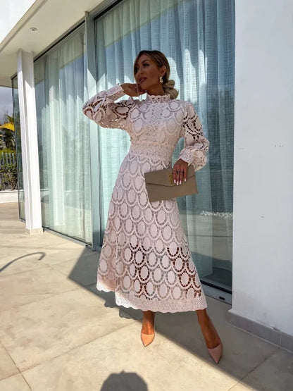 Lace Summer Dress with Puff Sleeves and High Neck