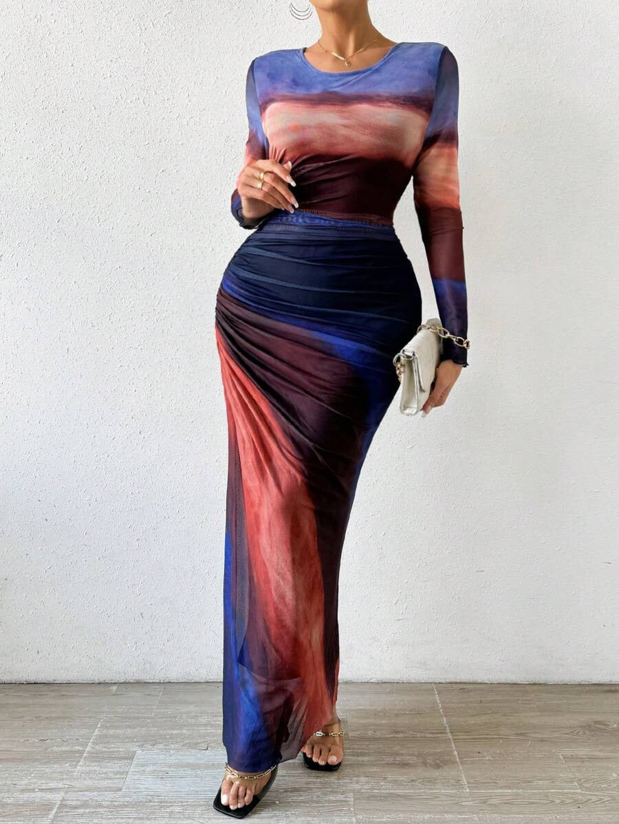 Comfy Printed Long Sleeve Round Neck Maxi Dress - view 2