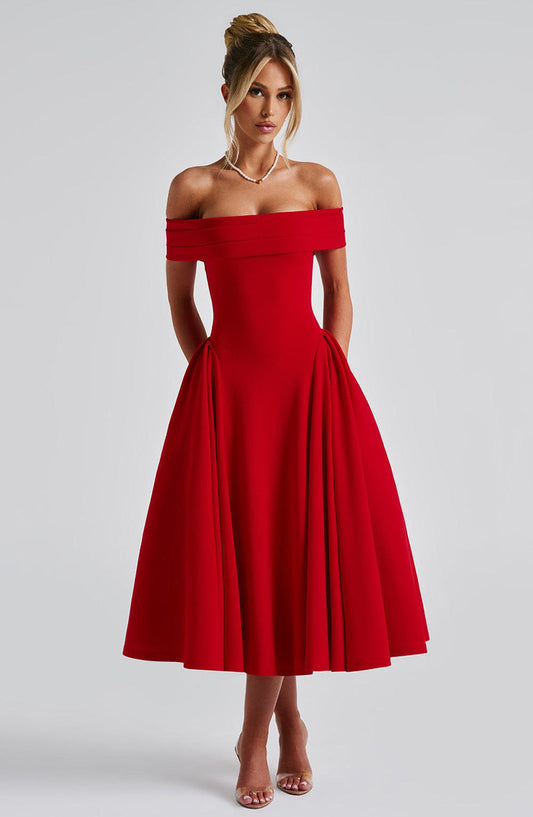 Off-Shoulder Flared Midi Dress