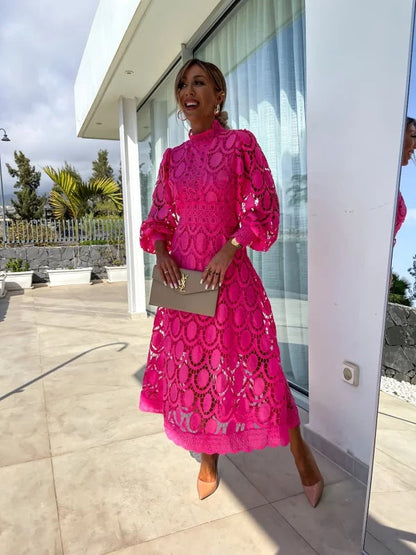 Lace Summer Dress with Puff Sleeves and High Neck - view 4