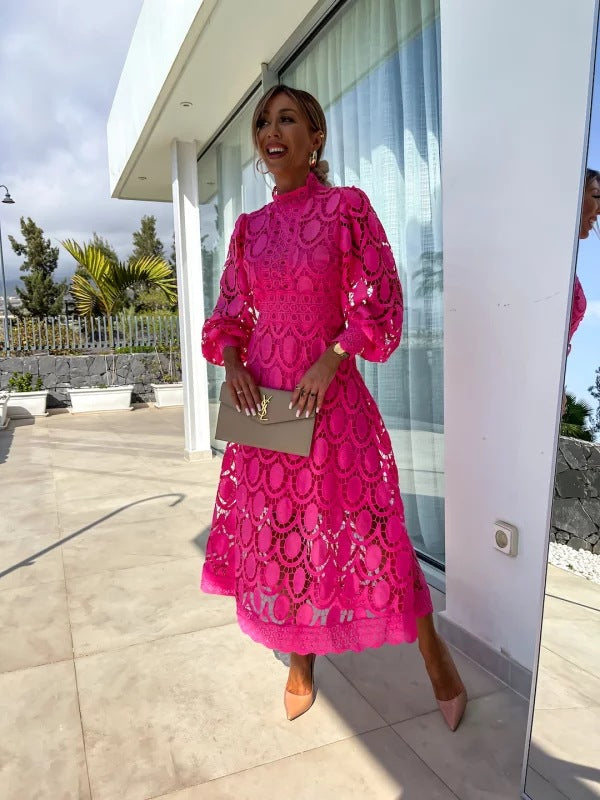 Lace Summer Dress with Puff Sleeves and High Neck - view 4