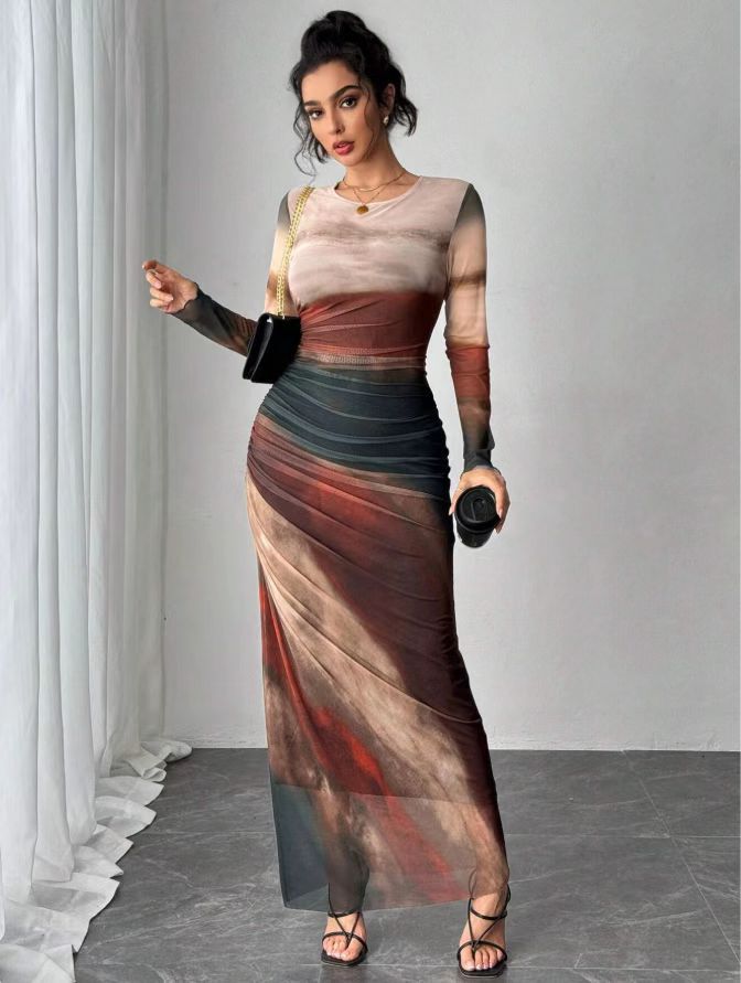 Comfy Printed Long Sleeve Round Neck Maxi Dress - view 11