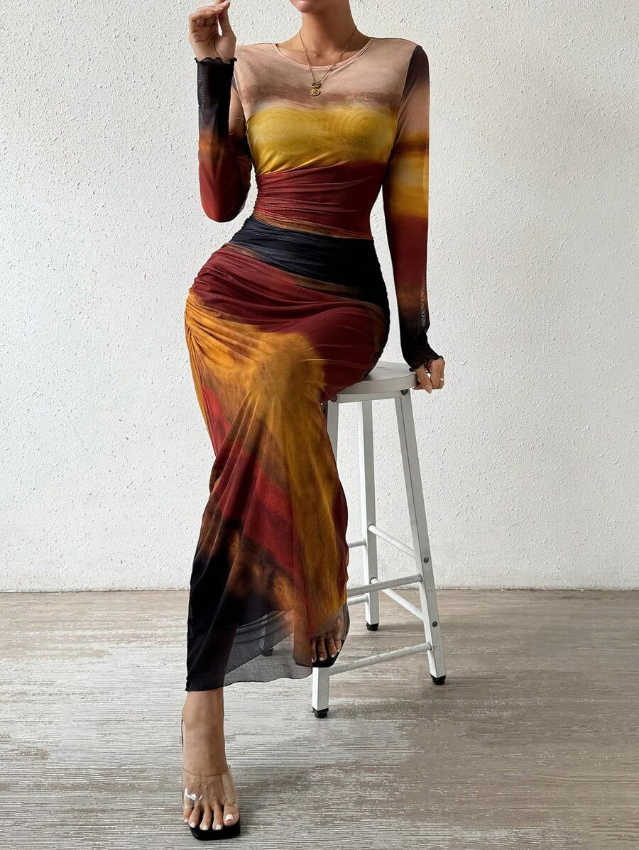 Comfy Printed Long Sleeve Round Neck Maxi Dress - view 4