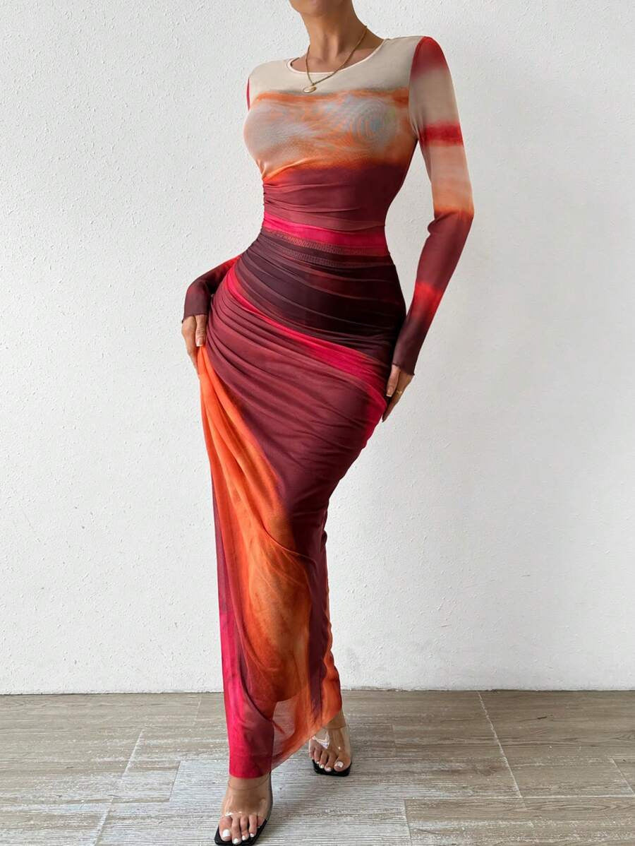 Comfy Printed Long Sleeve Round Neck Maxi Dress - view 3