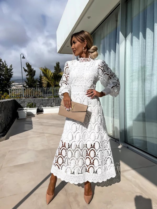 Lace Summer Dress with Puff Sleeves and High Neck - view 3