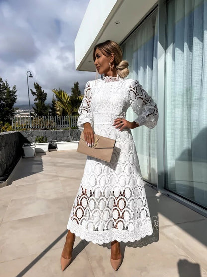 Lace Summer Dress with Puff Sleeves and High Neck - view 3