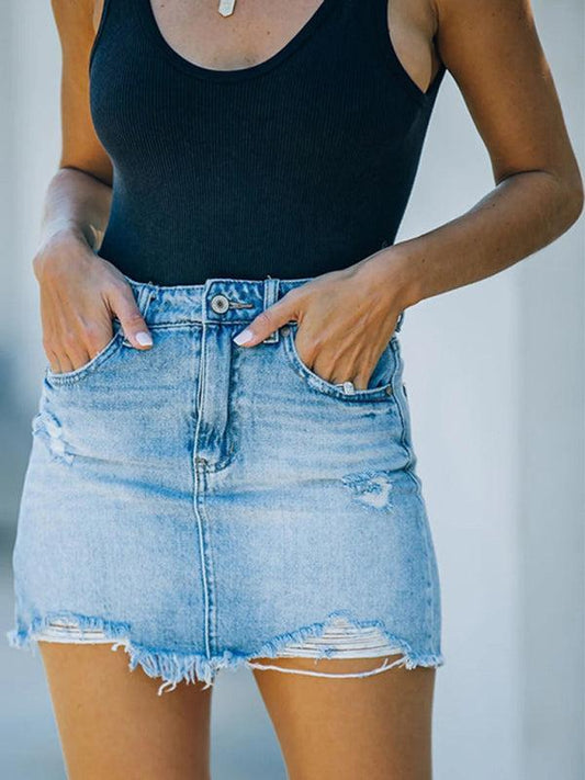 Casual Frayed Denim Mini Skirt