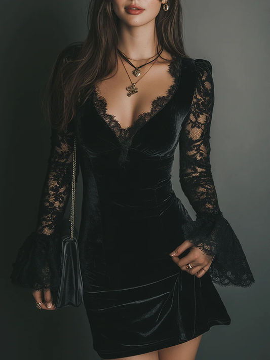 Lace-Trimmed Velvet Mini Dress