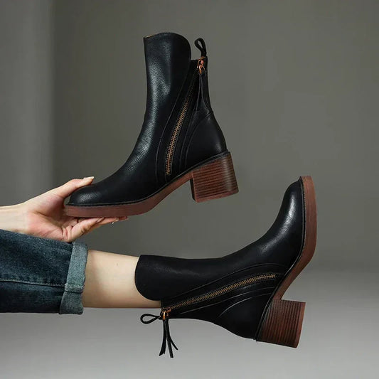 Block Heel Ankle Boots with Side Zip Closure