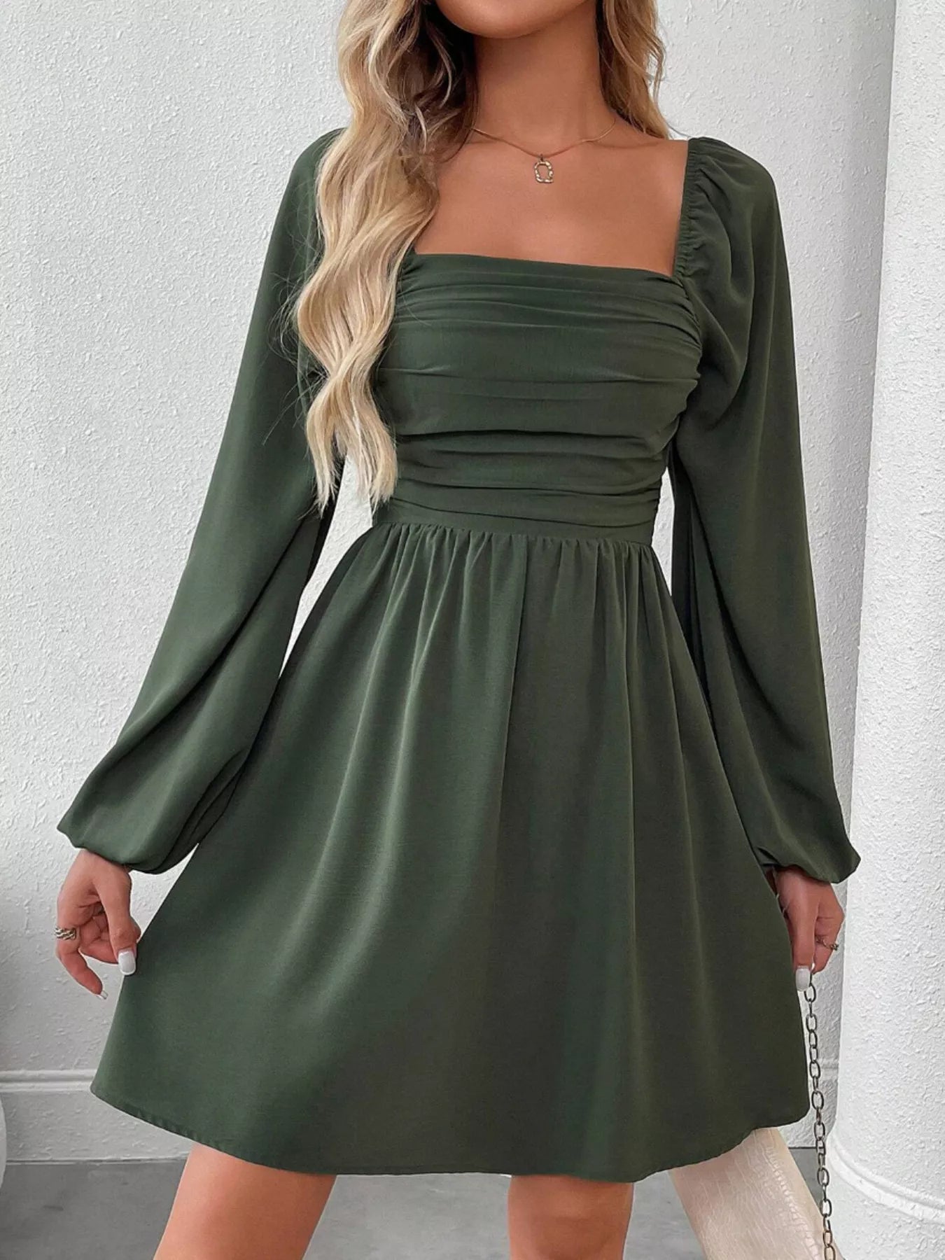 Ruched Square Neck Long Sleeve A-Line Dress - view 8