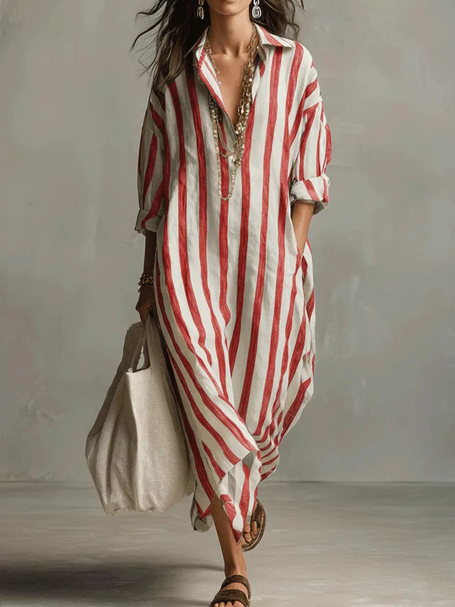 Striped Maxi Dress with Collar and Long Sleeves - view 6