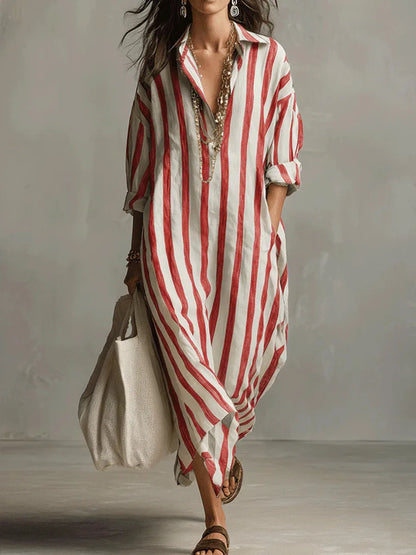 Striped Maxi Dress with Collar and Long Sleeves - view 6