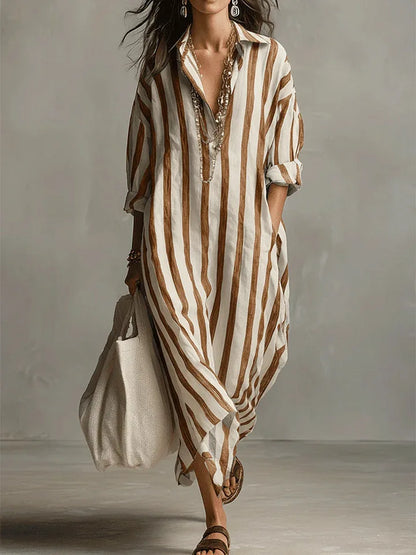 Striped Maxi Dress with Collar and Long Sleeves - view 7