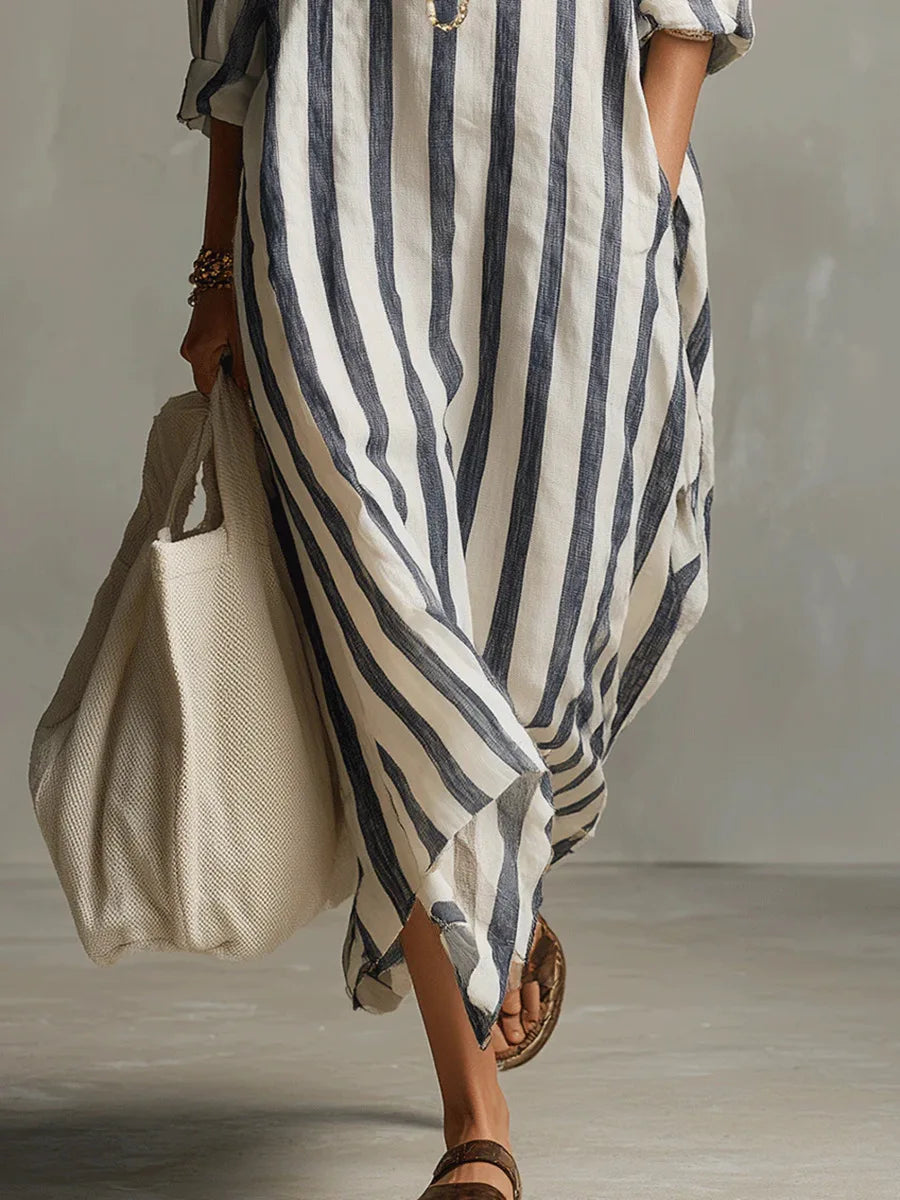 Striped Maxi Dress with Collar and Long Sleeves - view 4