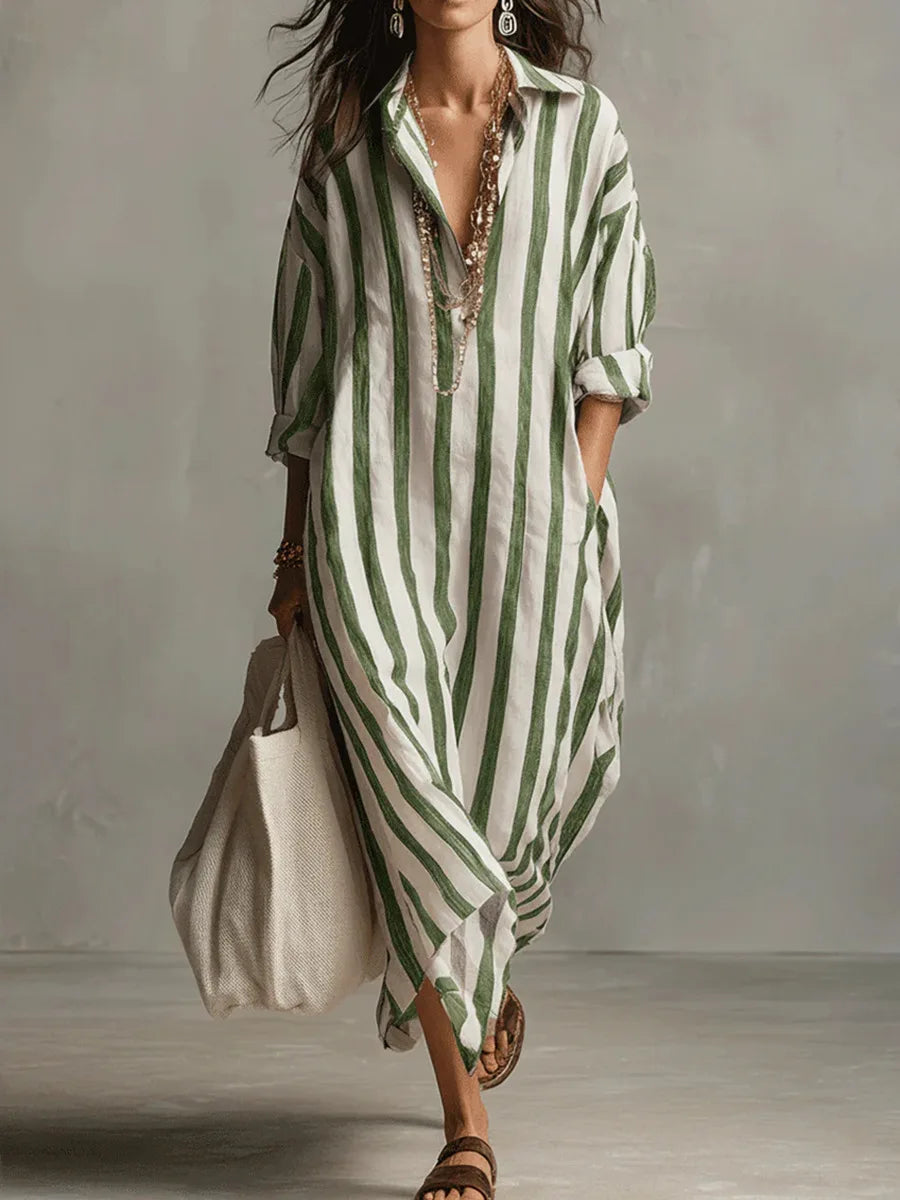 Striped Maxi Dress with Collar and Long Sleeves - view 5