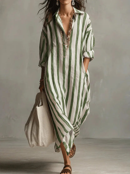 Striped Maxi Dress with Collar and Long Sleeves - view 5