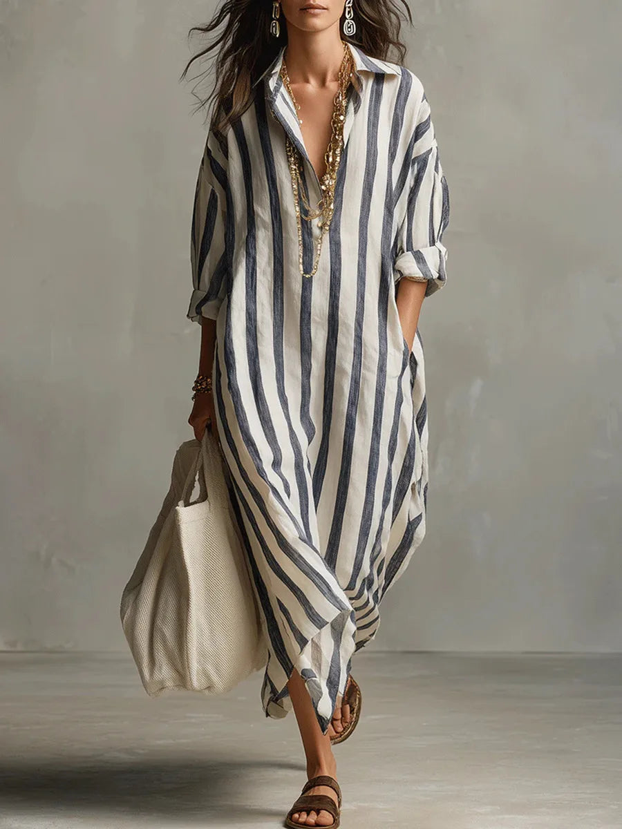 Striped Maxi Dress with Collar and Long Sleeves