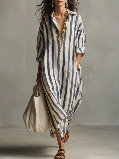 Striped Maxi Dress with Collar and Long Sleeves