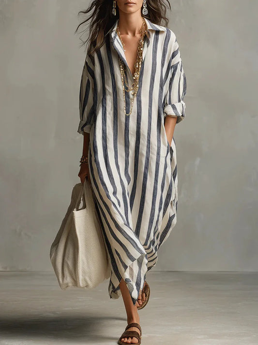 Striped Maxi Dress with Collar and Long Sleeves