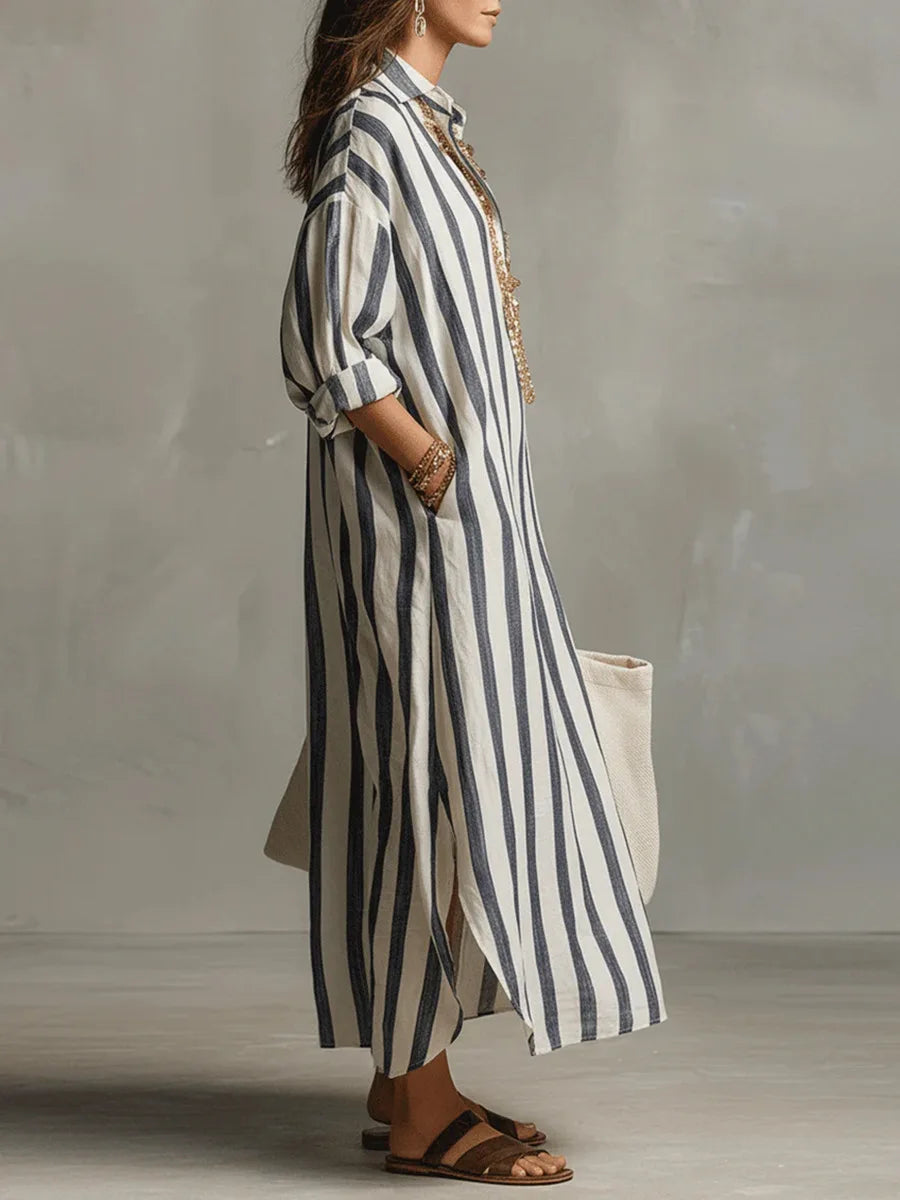 Striped Maxi Dress with Collar and Long Sleeves - view 2