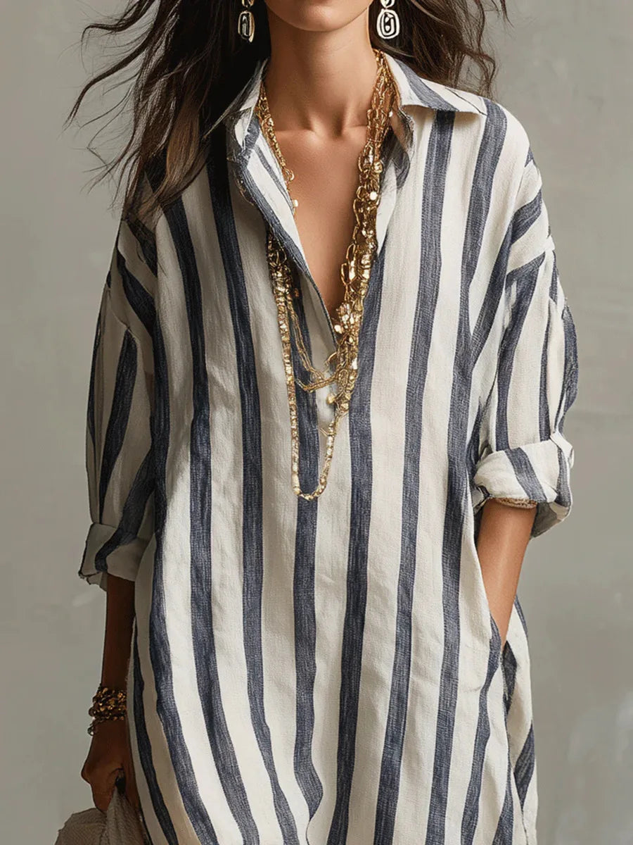 Striped Maxi Dress with Collar and Long Sleeves - view 3