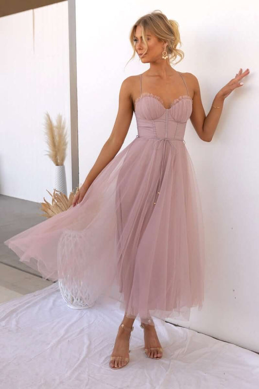 Summer Midi Dress with Tulle Skirt and Spaghetti Straps
