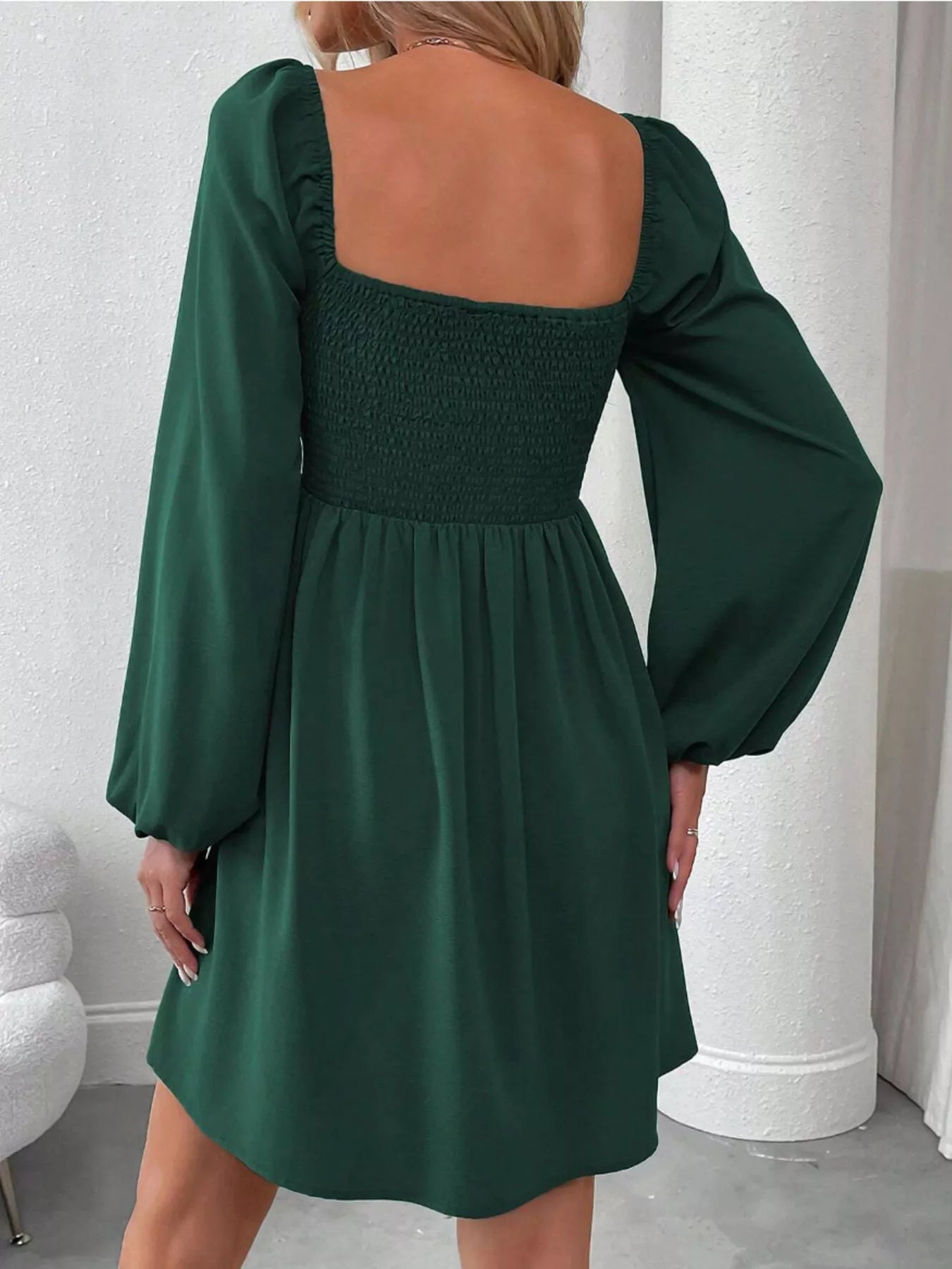 Ruched Square Neck Long Sleeve A-Line Dress - view 3