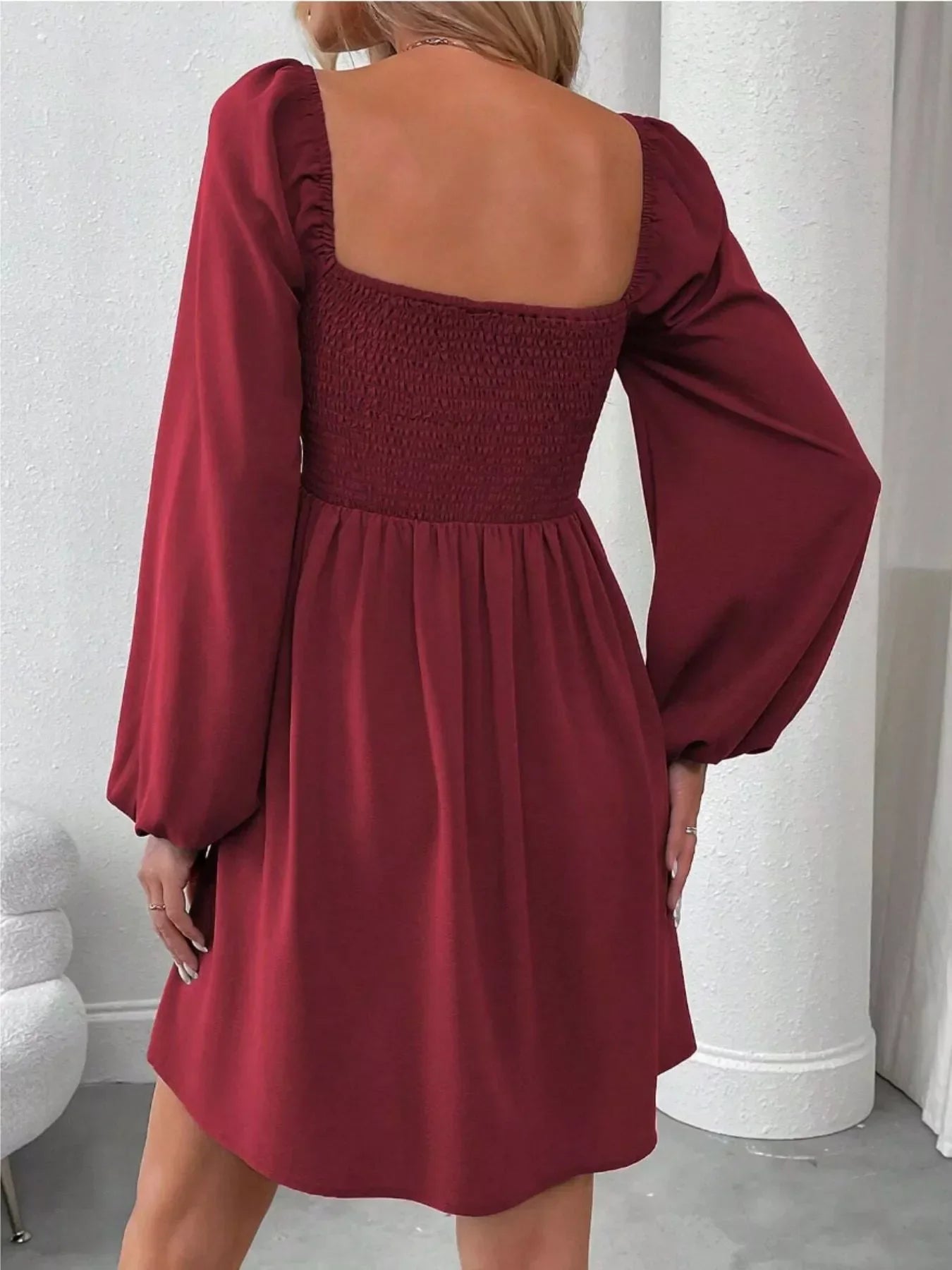 Ruched Square Neck Long Sleeve A-Line Dress - view 6