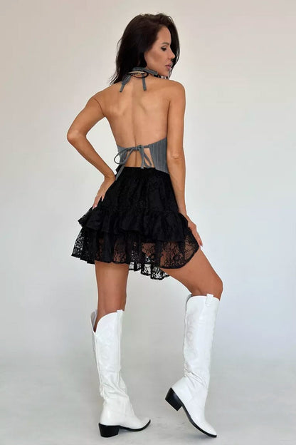 Sheer Lace Jacquard Tiered Mini Skirt - view 11