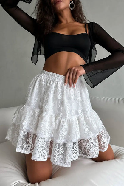 Sheer Lace Jacquard Tiered Mini Skirt - view 4