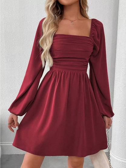 Ruched Square Neck Long Sleeve A-Line Dress - view 5