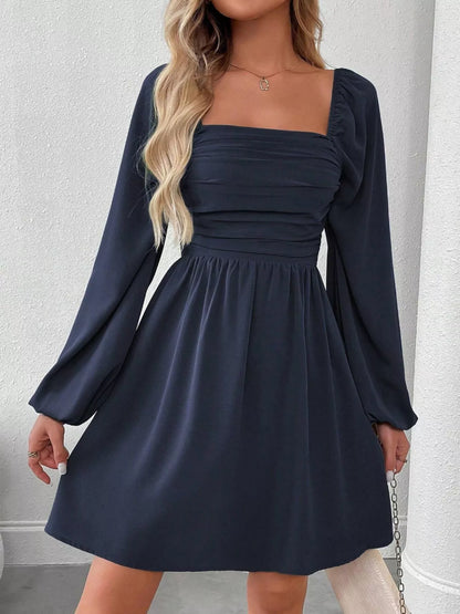Ruched Square Neck Long Sleeve A-Line Dress - view 22