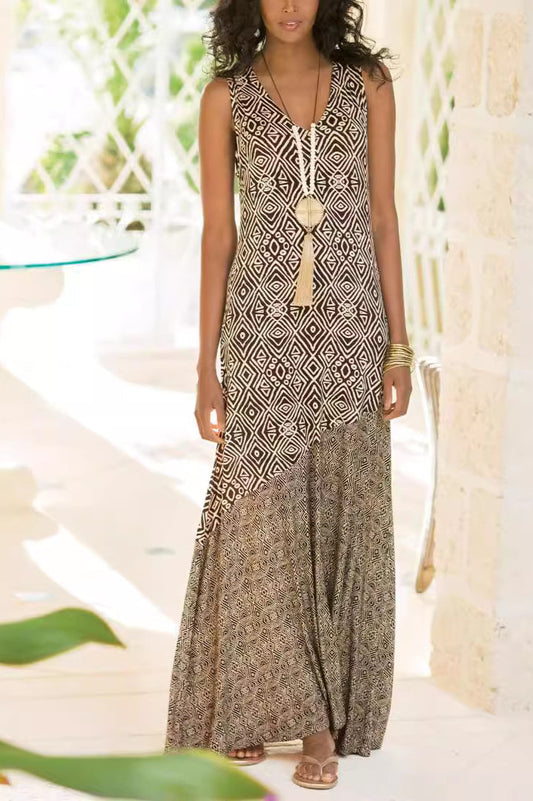 Printed Spliced Vintage Boho Dress