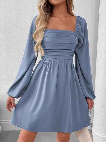 Ruched Square Neck Long Sleeve A-Line Dress - view 13