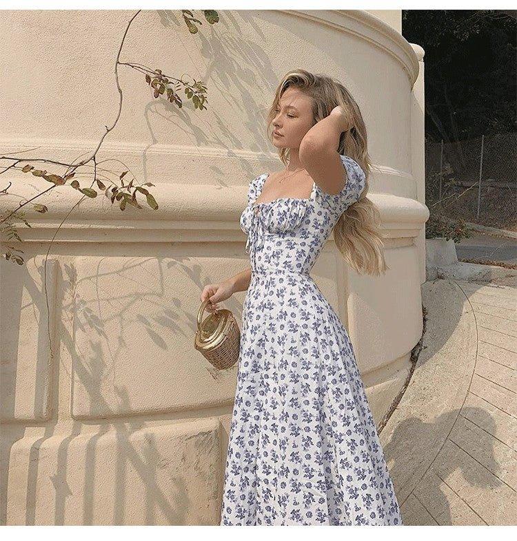Floral Midi Dress with Puff Sleeves and Square Neckline - view 4