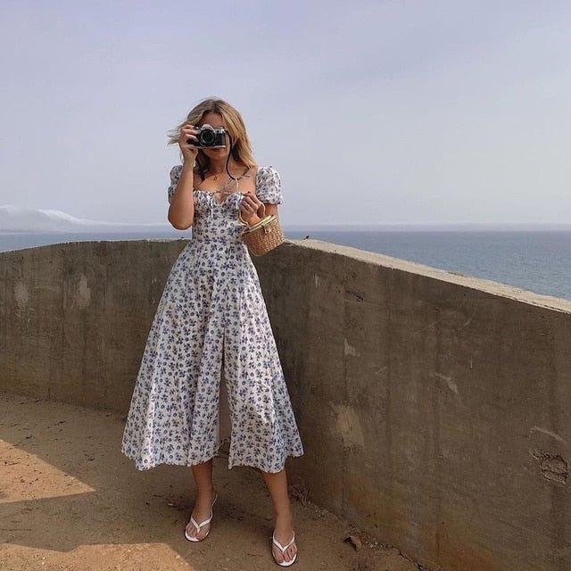 Floral Midi Dress with Puff Sleeves and Square Neckline - view 3