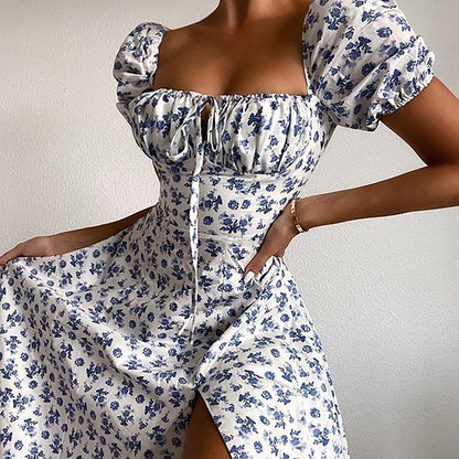 Floral Midi Dress with Puff Sleeves and Square Neckline - view 5