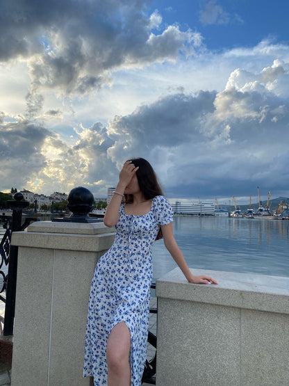 Floral Midi Dress with Puff Sleeves and Square Neckline - view 8