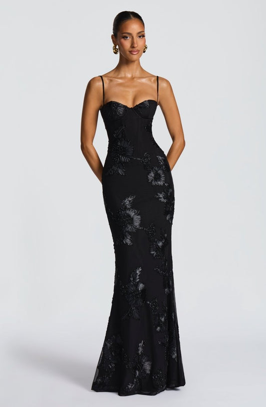 Floral Appliqué Bodycon Maxi Dress for Wedding Guests