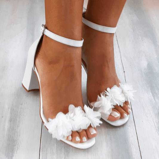 Floral Detail Block Heel Sandals with Ankle Strap
