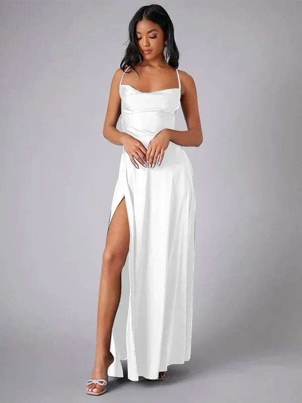 Satin Backless Maxi Dress with Cowl Neck and Side Slit - view 6