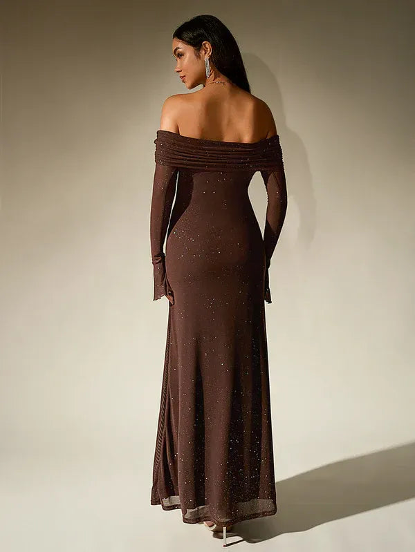 Elegant Off-Shoulder Long Sleeve Maxi Evening Gown - view 3