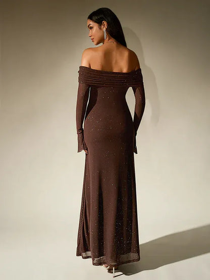 Elegant Off-Shoulder Long Sleeve Maxi Evening Gown - view 3