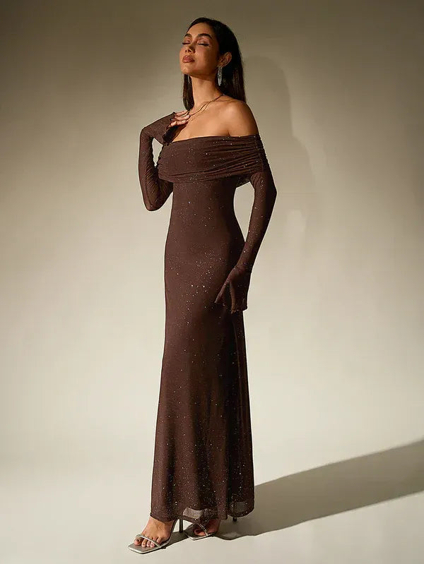 Elegant Off-Shoulder Long Sleeve Maxi Evening Gown - view 2