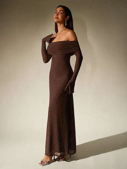 Elegant Off-Shoulder Long Sleeve Maxi Evening Gown - view 2