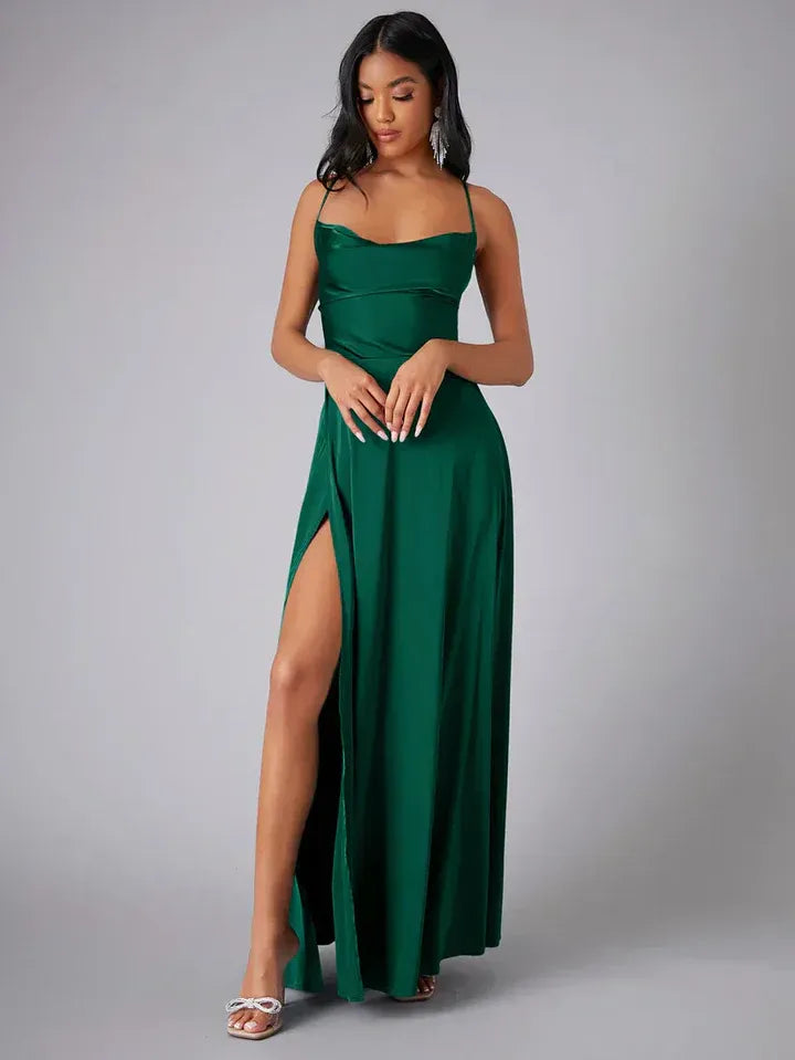 Satin Backless Maxi Dress with Cowl Neck and Side Slit - view 8