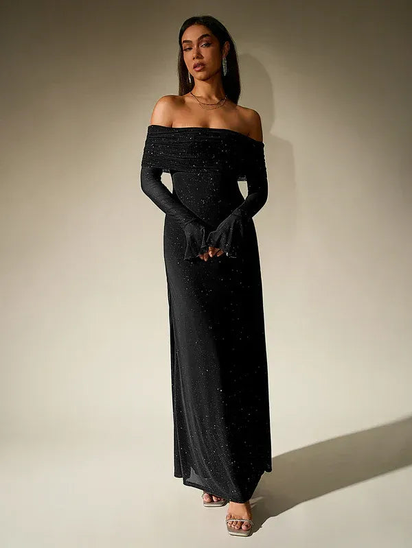 Elegant Off-Shoulder Long Sleeve Maxi Evening Gown - view 4