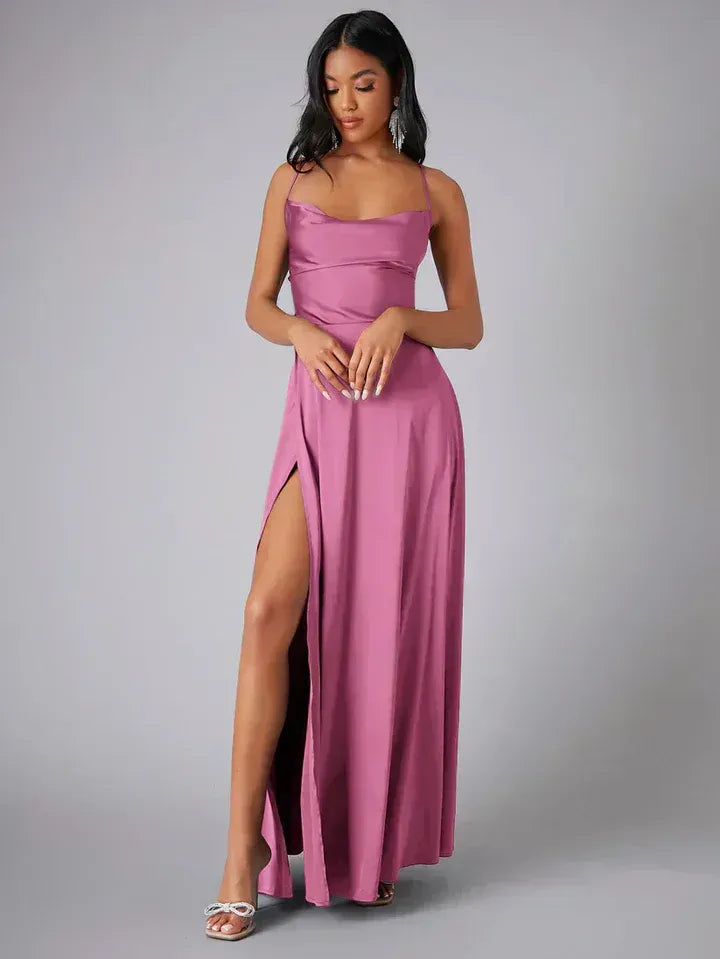 Satin Backless Maxi Dress with Cowl Neck and Side Slit - view 10